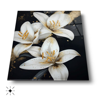 Gold Detaylı Beyaz Çiçekler Cam Tablo