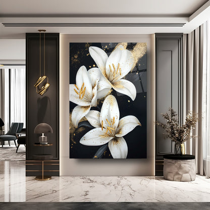 Gold Detaylı Beyaz Çiçekler Cam Tablo