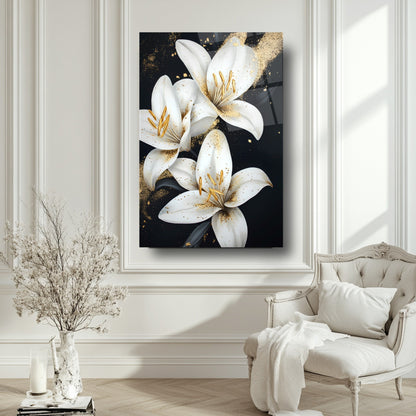 Gold Detaylı Beyaz Çiçekler Cam Tablo