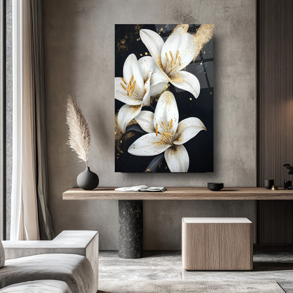 Gold Detaylı Beyaz Çiçekler Cam Tablo