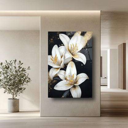 Gold Detaylı Beyaz Çiçekler Cam Tablo
