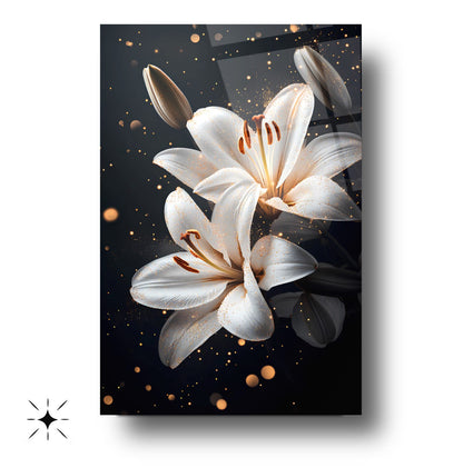 Gold Detaylı Beyaz Çiçekler Cam Tablo