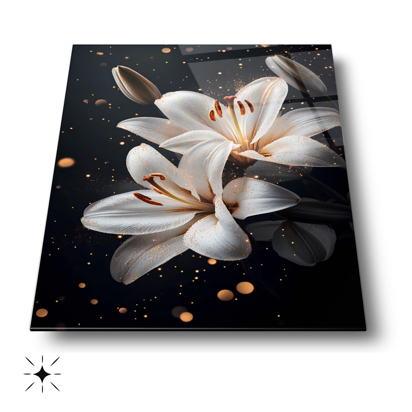 Gold Detaylı Beyaz Çiçekler Cam Tablo