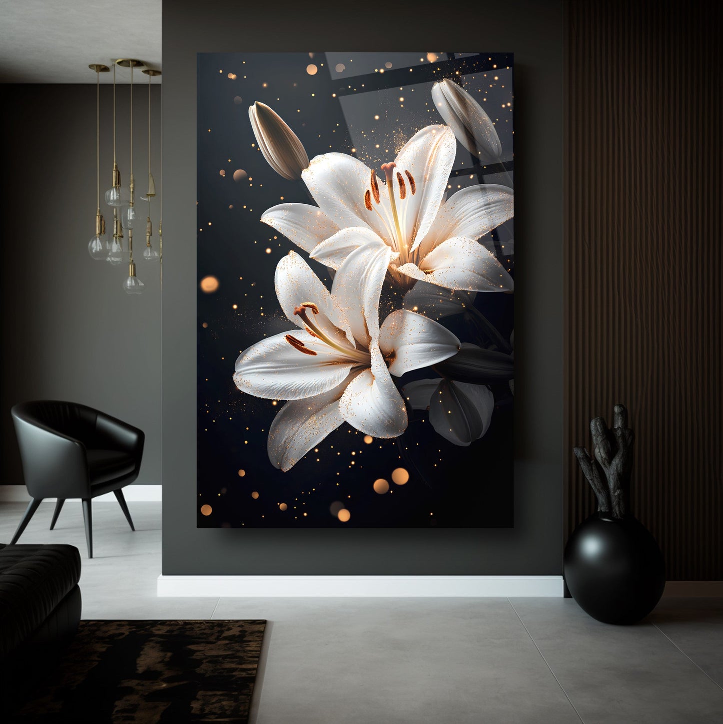 Gold Detaylı Beyaz Çiçekler Cam Tablo