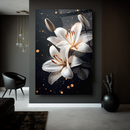 Gold Detaylı Beyaz Çiçekler Cam Tablo