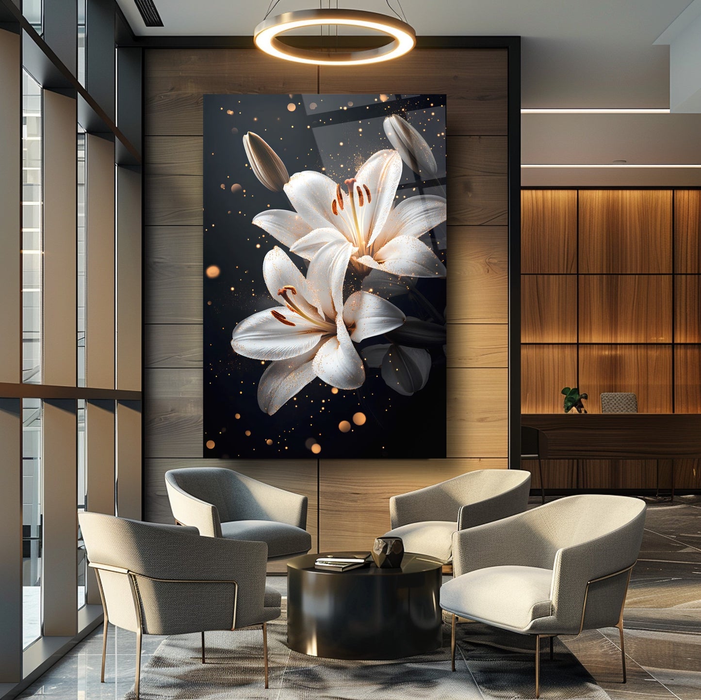 Gold Detaylı Beyaz Çiçekler Cam Tablo