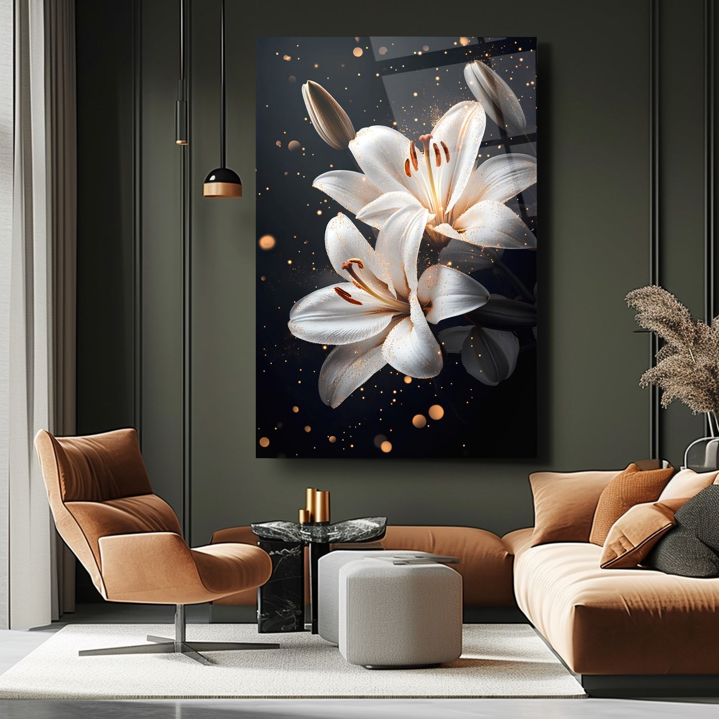 Gold Detaylı Beyaz Çiçekler Cam Tablo