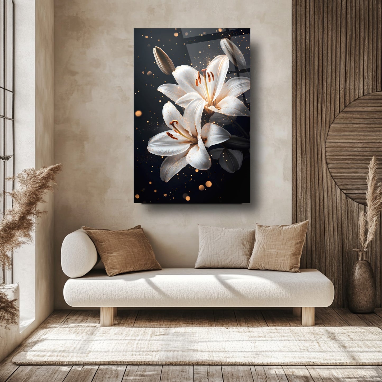 Gold Detaylı Beyaz Çiçekler Cam Tablo