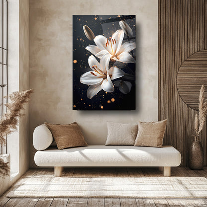 Gold Detaylı Beyaz Çiçekler Cam Tablo