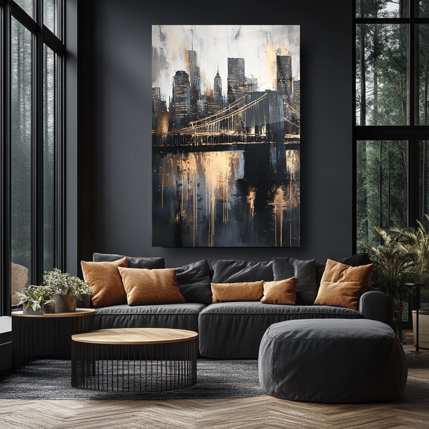 Gold Detay Şehir Silüeti Cam Tablo