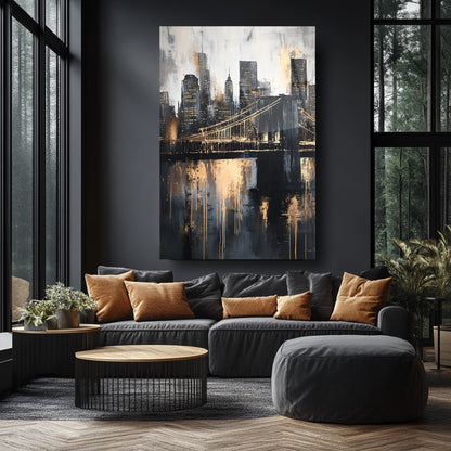 Gold Detay Şehir Silüeti Cam Tablo