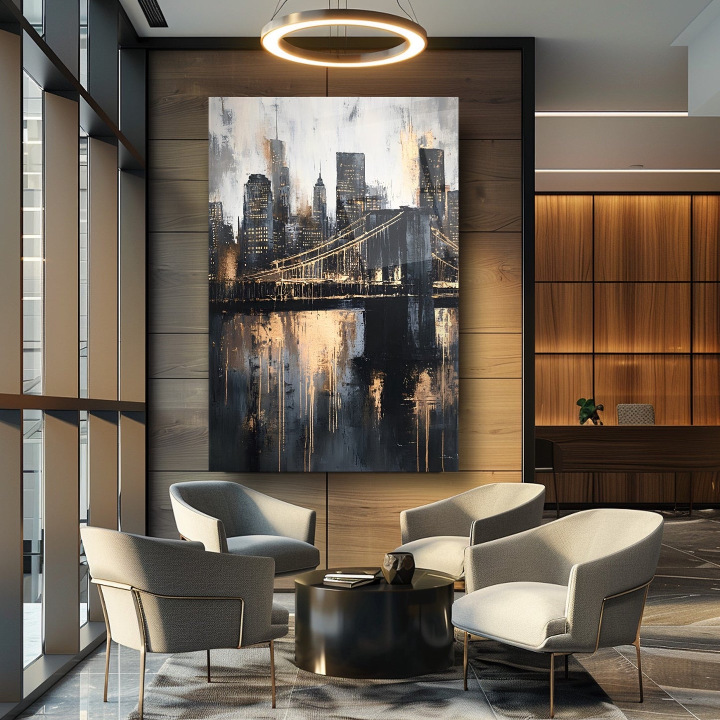 Gold Detay Şehir Silüeti Cam Tablo