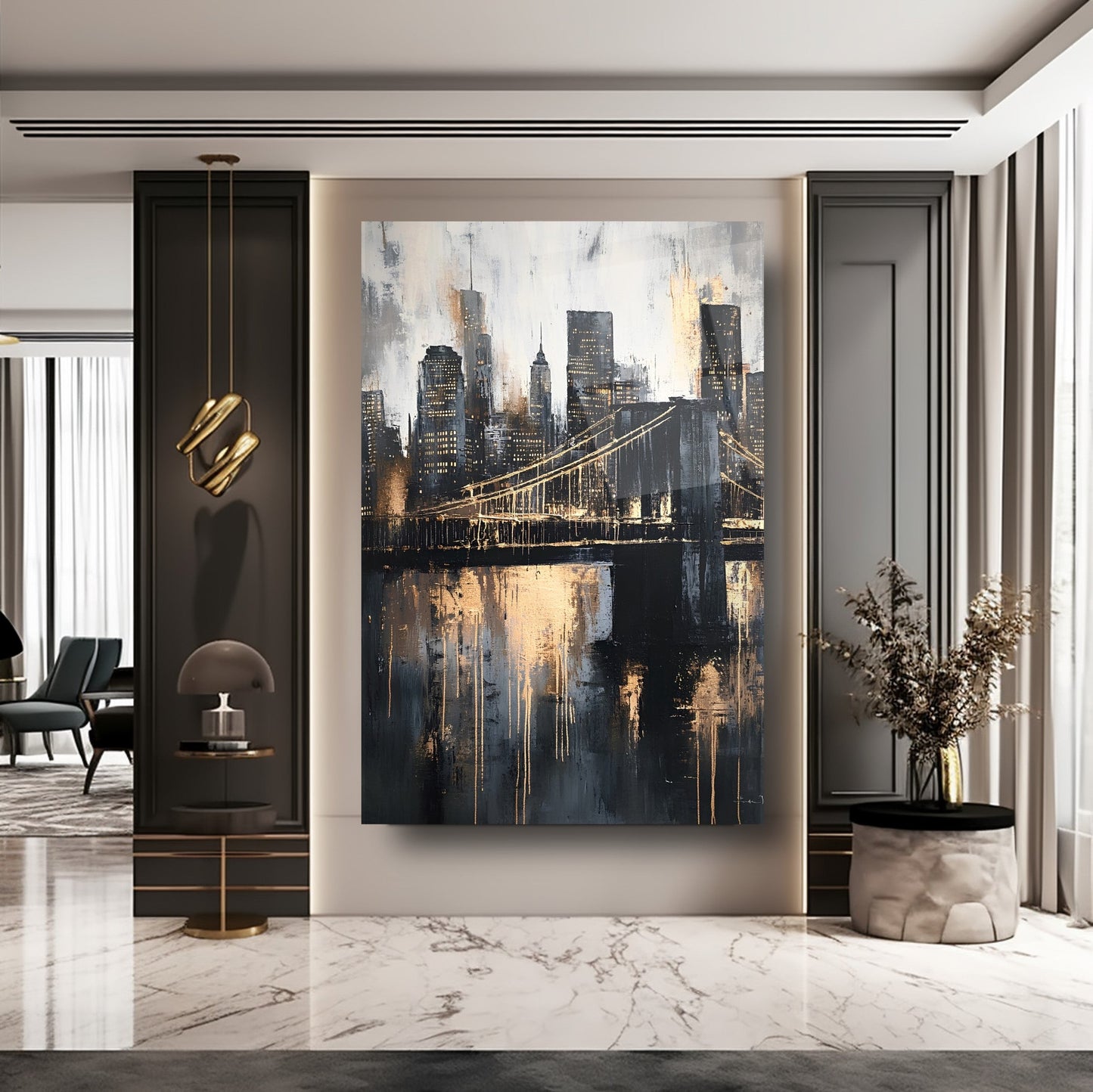 Gold Detay Şehir Silüeti Cam Tablo