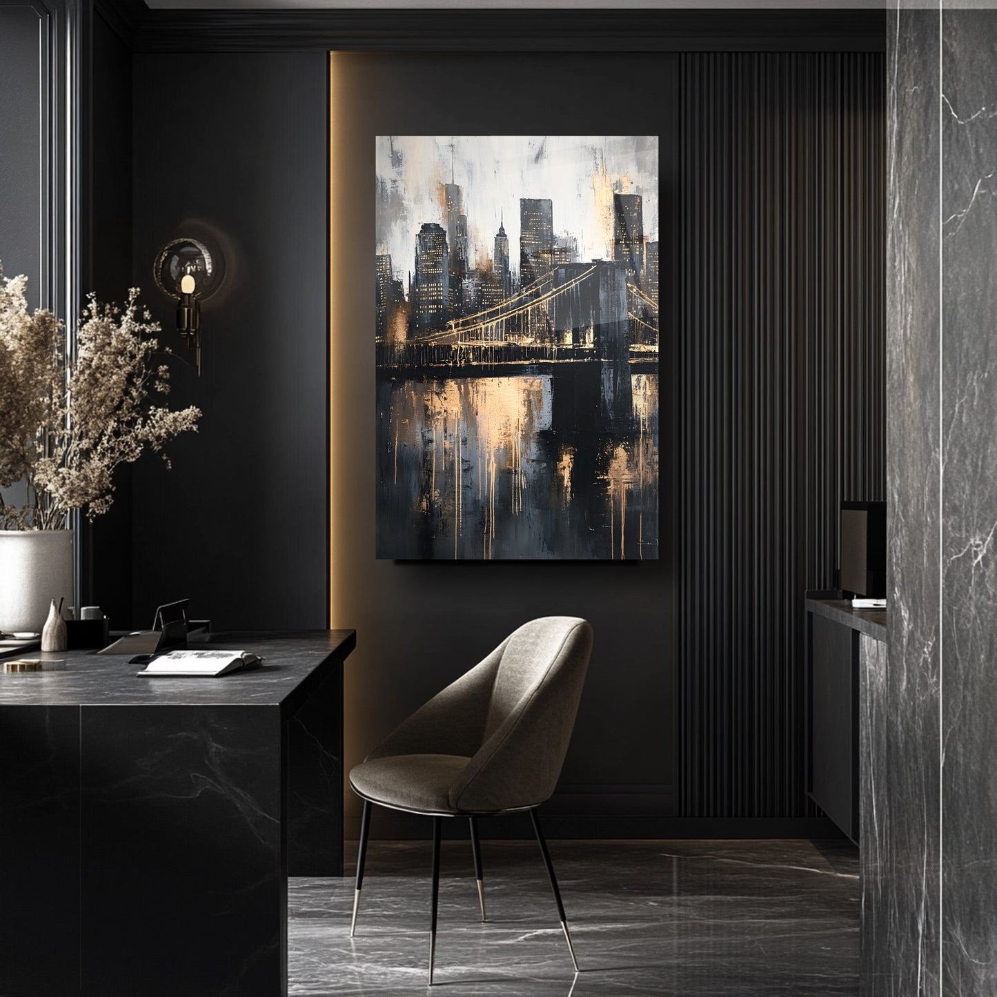 Gold Detay Şehir Silüeti Cam Tablo