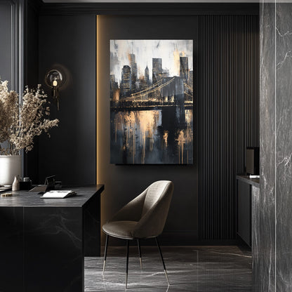 Gold Detay Şehir Silüeti Cam Tablo