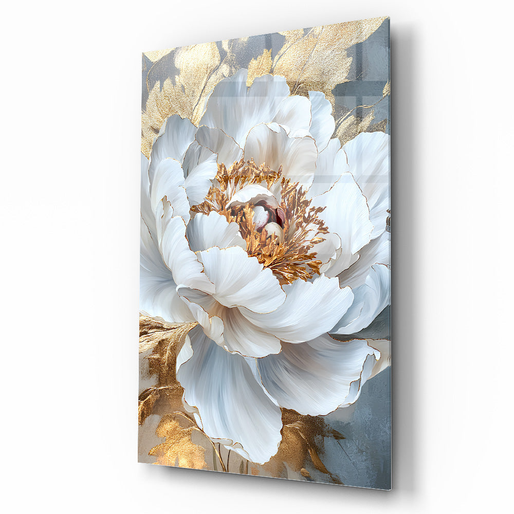 Gold Detay Beyaz Çiçek Cam Tablo