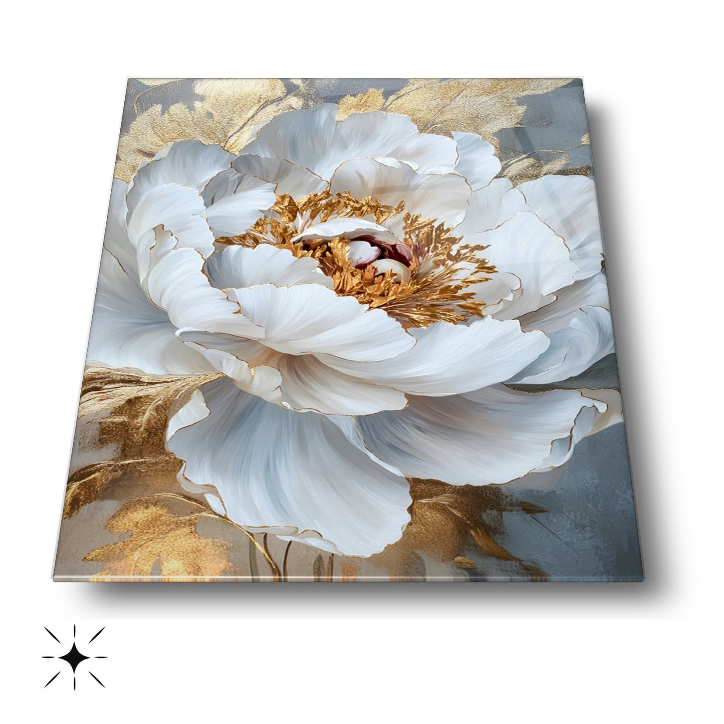 Gold Detay Beyaz Çiçek Cam Tablo