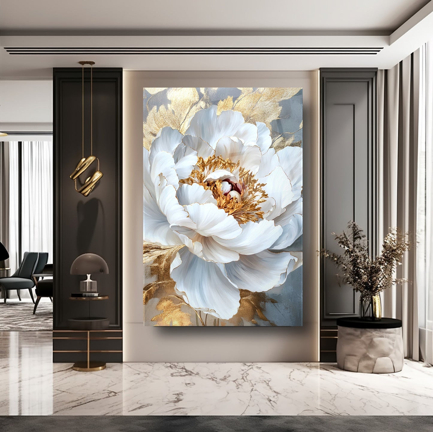 Gold Detay Beyaz Çiçek Cam Tablo