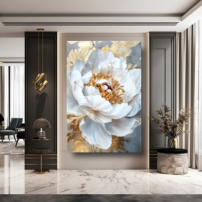 Gold Detay Beyaz Çiçek Cam Tablo