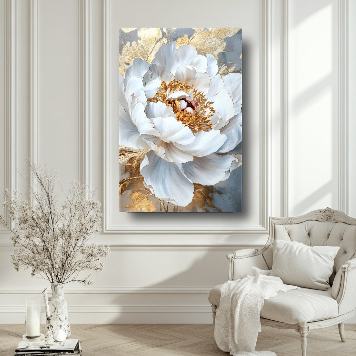 Gold Detay Beyaz Çiçek Cam Tablo