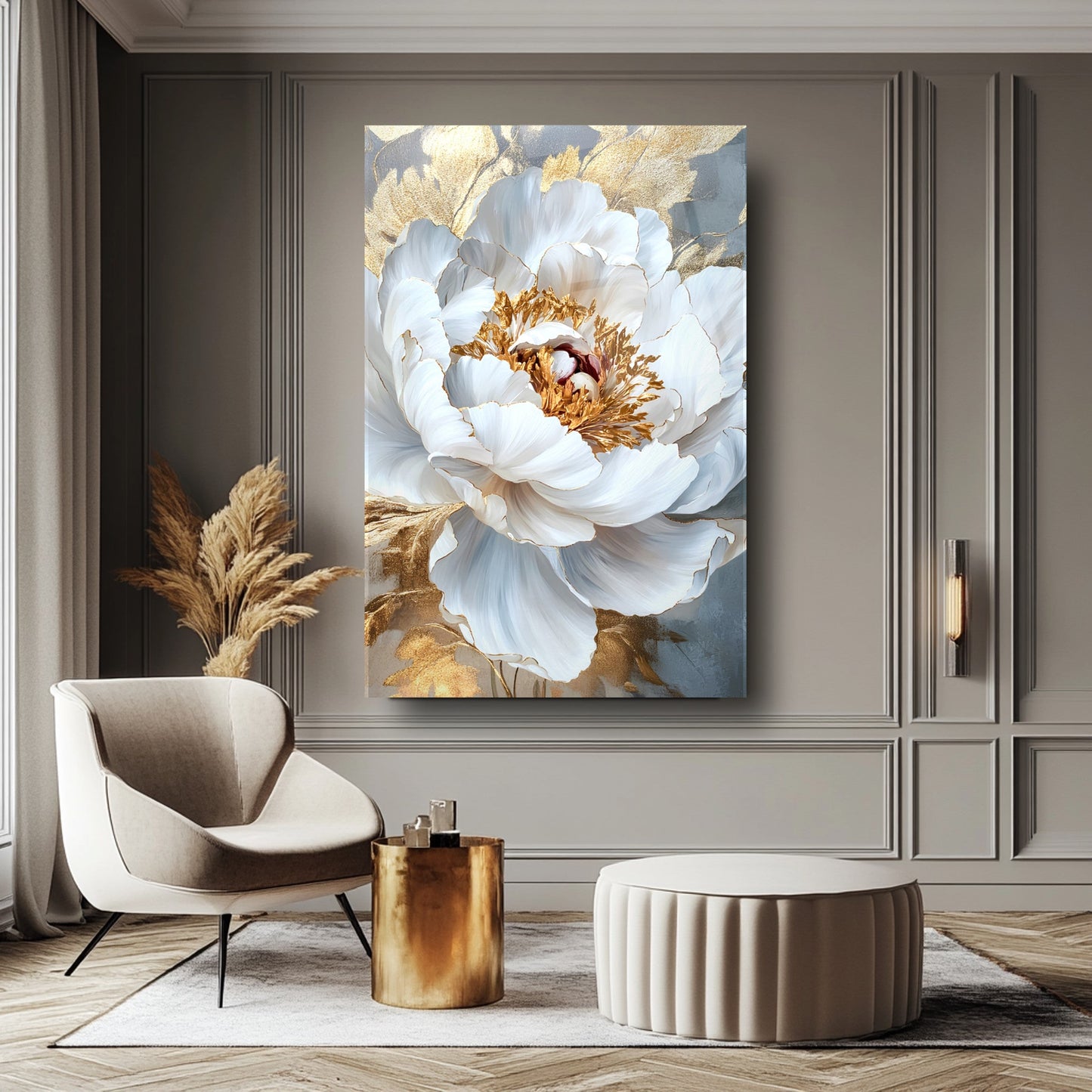 Gold Detay Beyaz Çiçek Cam Tablo