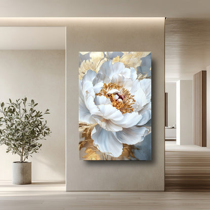Gold Detay Beyaz Çiçek Cam Tablo
