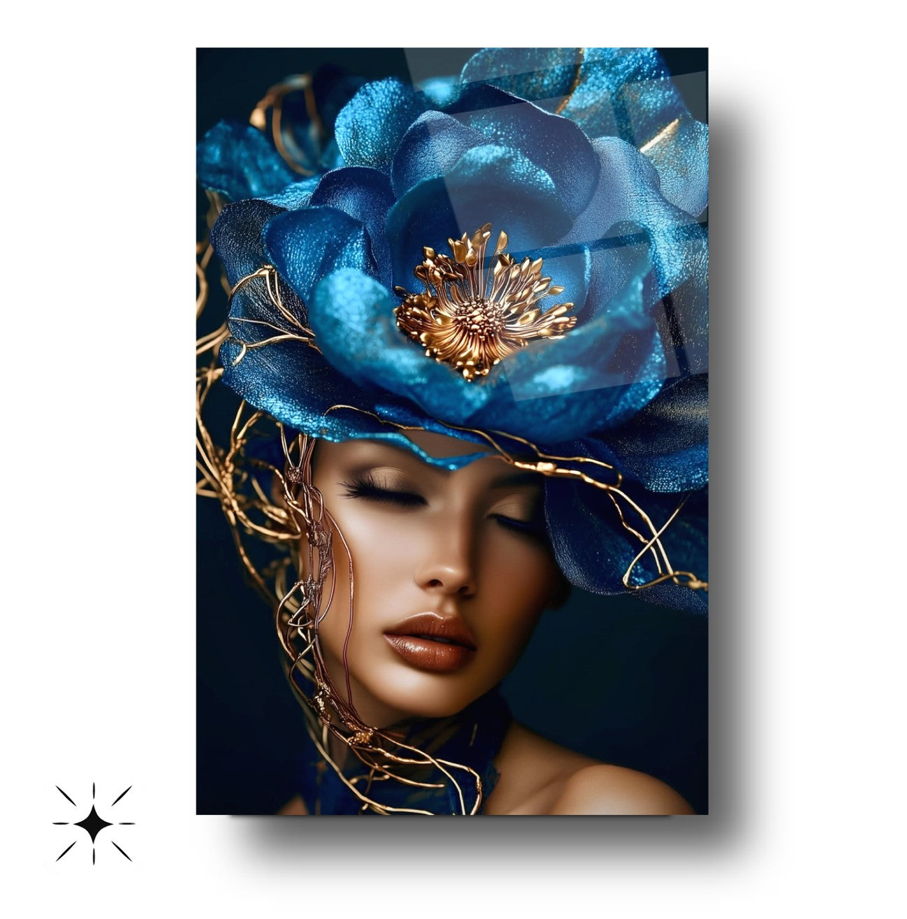 Mavi Çiçekli Kadın Cam Tablo