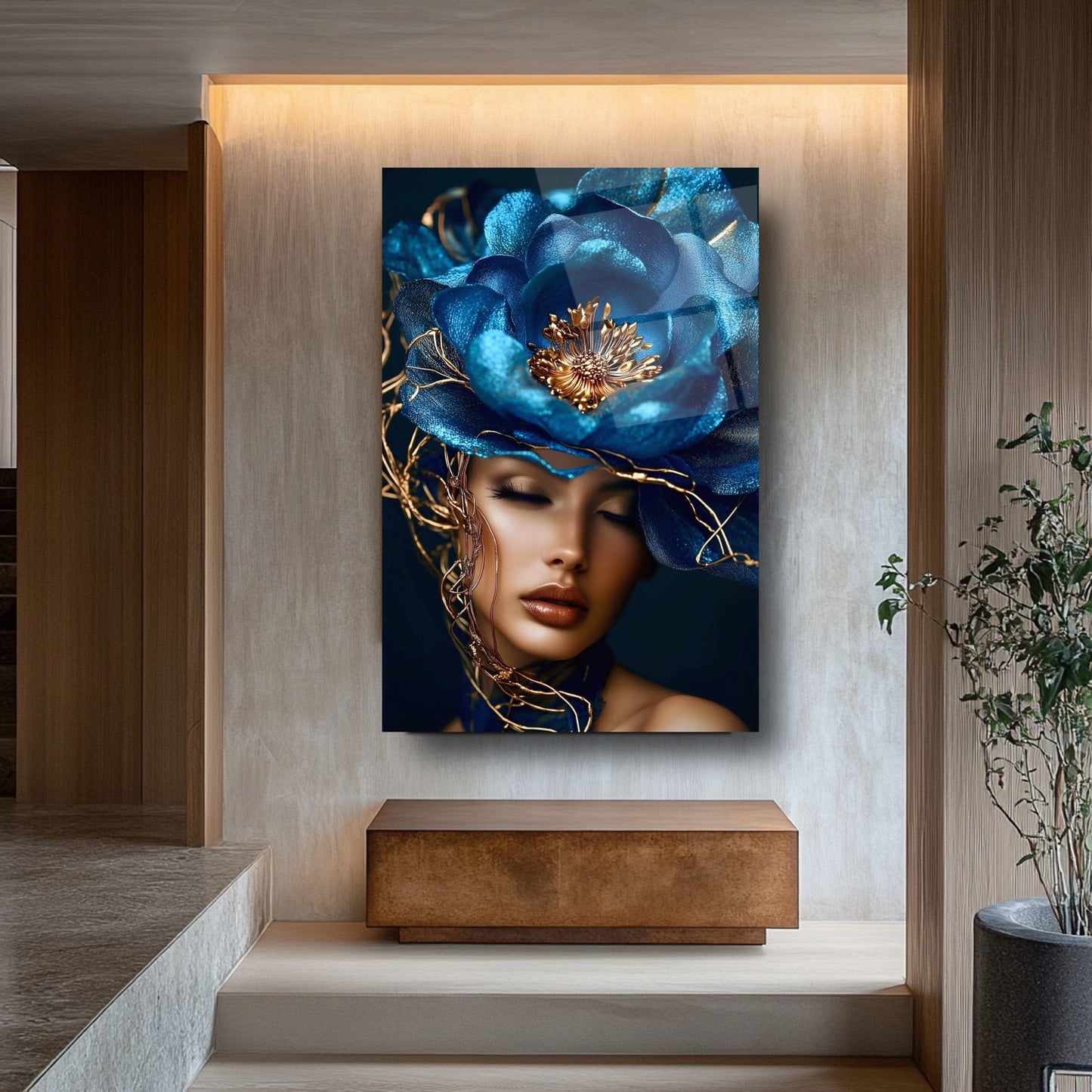 Mavi Çiçekli Kadın Cam Tablo