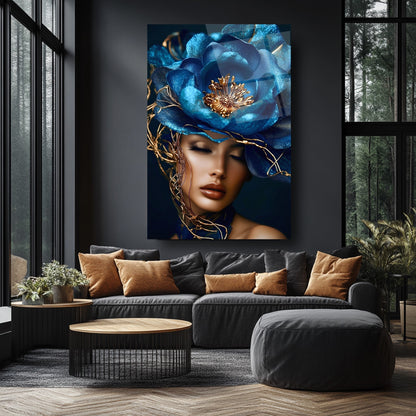Mavi Çiçekli Kadın Cam Tablo