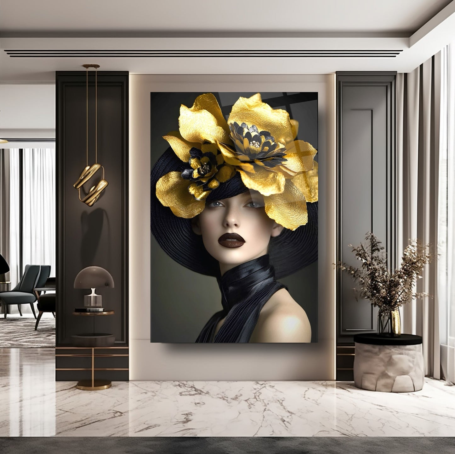 Çiçekli Kadın Cam Tablo