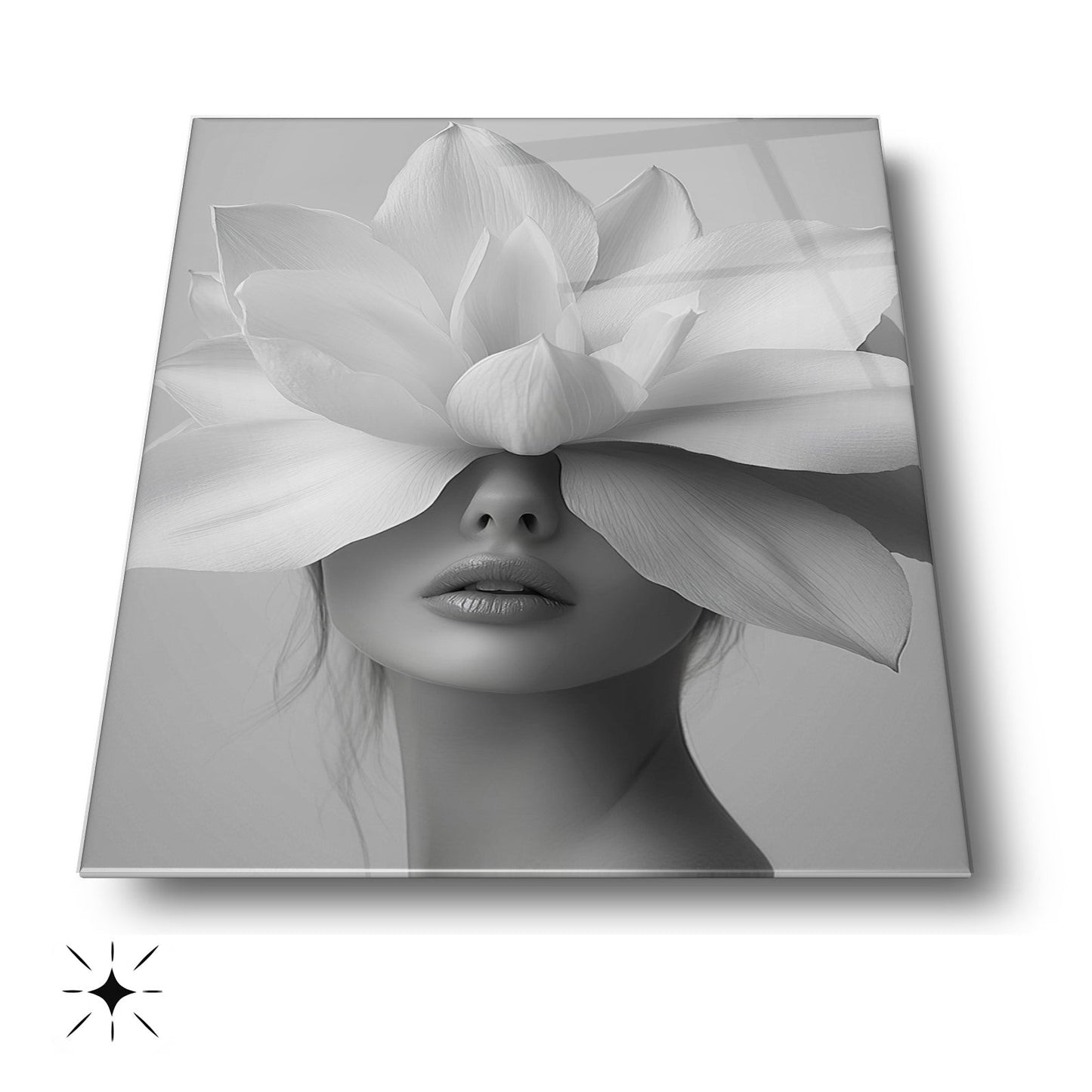 Beyaz Çiçekli Kadın Cam Tablo