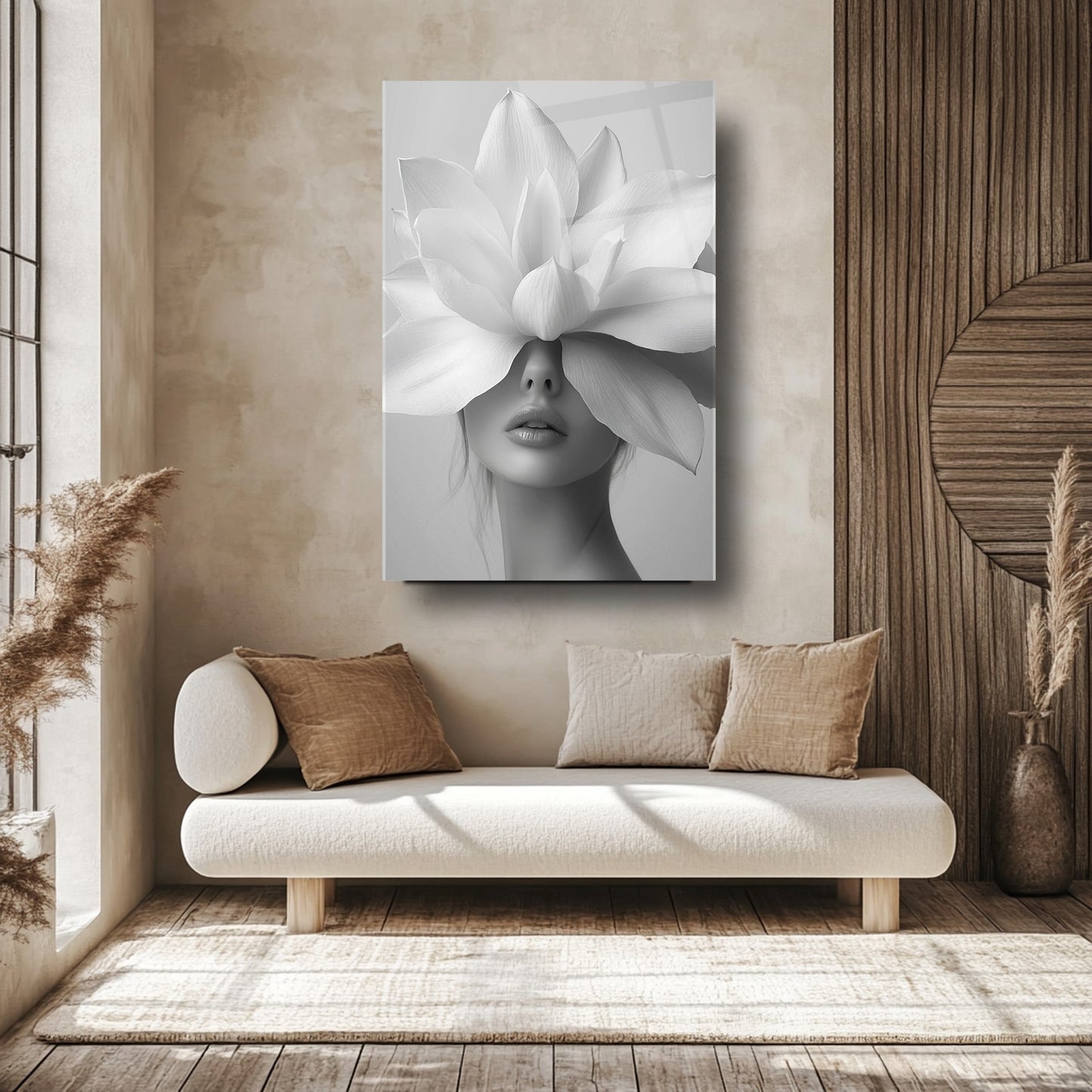 Beyaz Çiçekli Kadın Cam Tablo