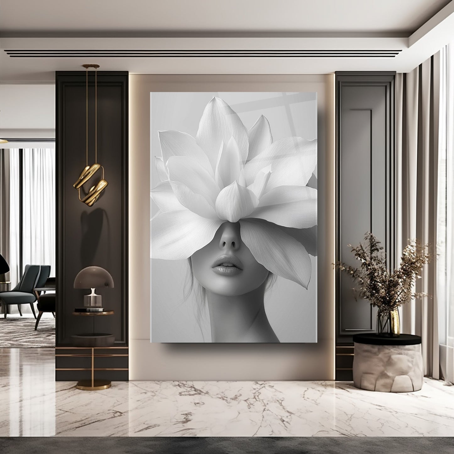 Beyaz Çiçekli Kadın Cam Tablo