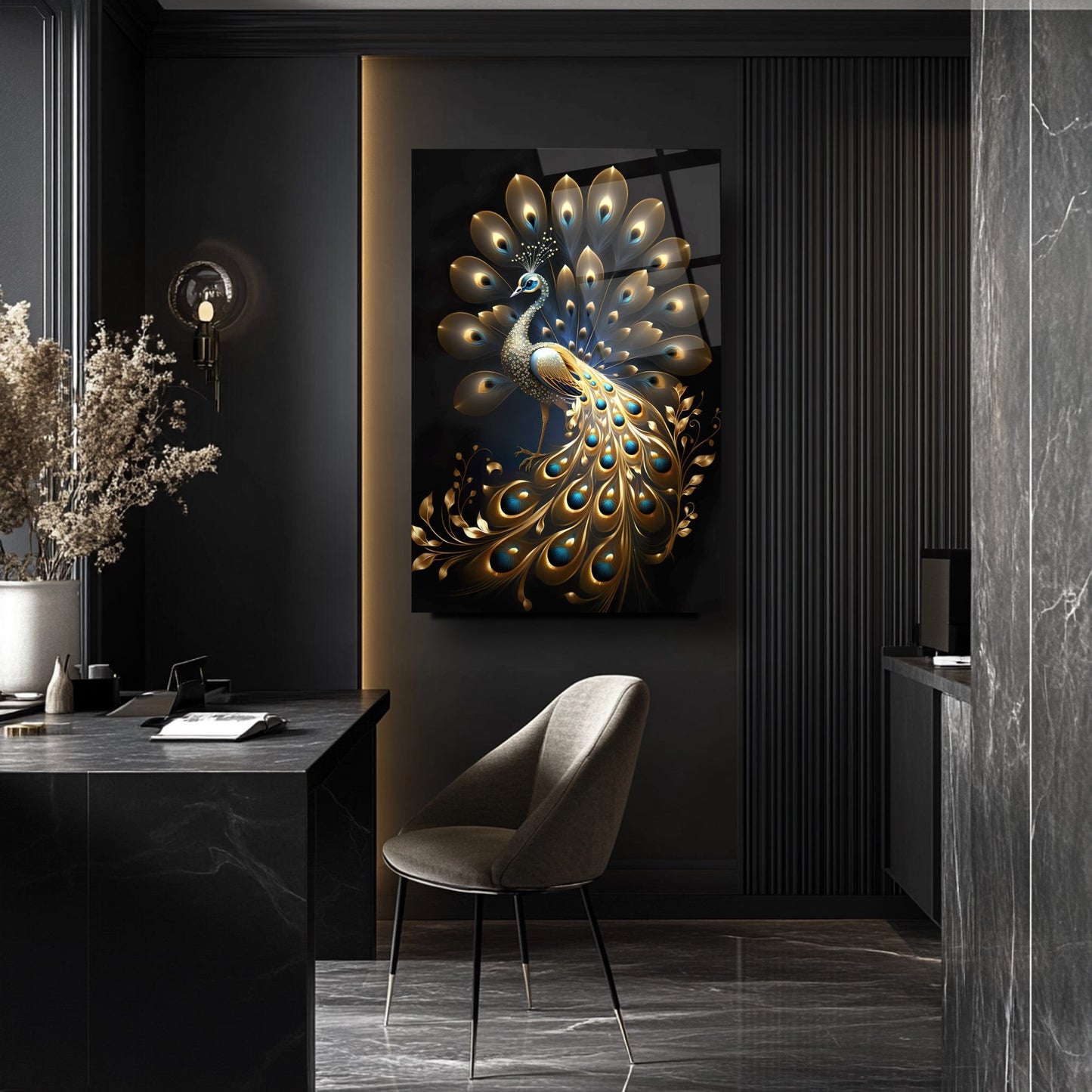 Gold Tavus Kuşu Cam Tablo