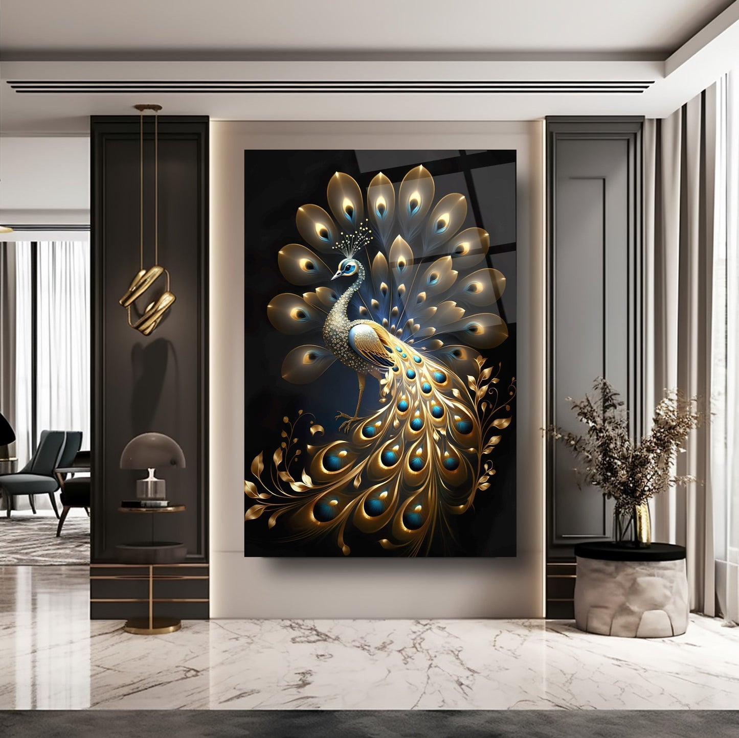 Gold Tavus Kuşu Cam Tablo