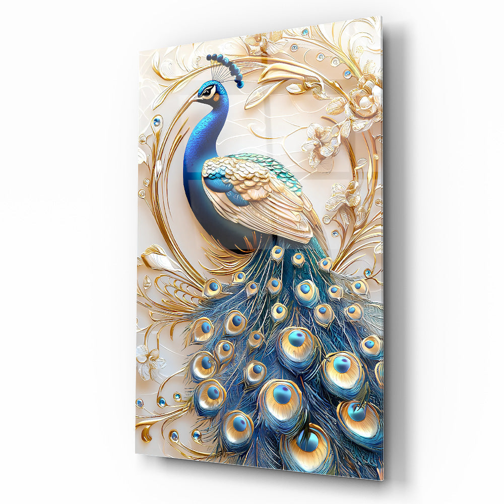 Mavi Gold Tavus Kuşu Cam Tablo