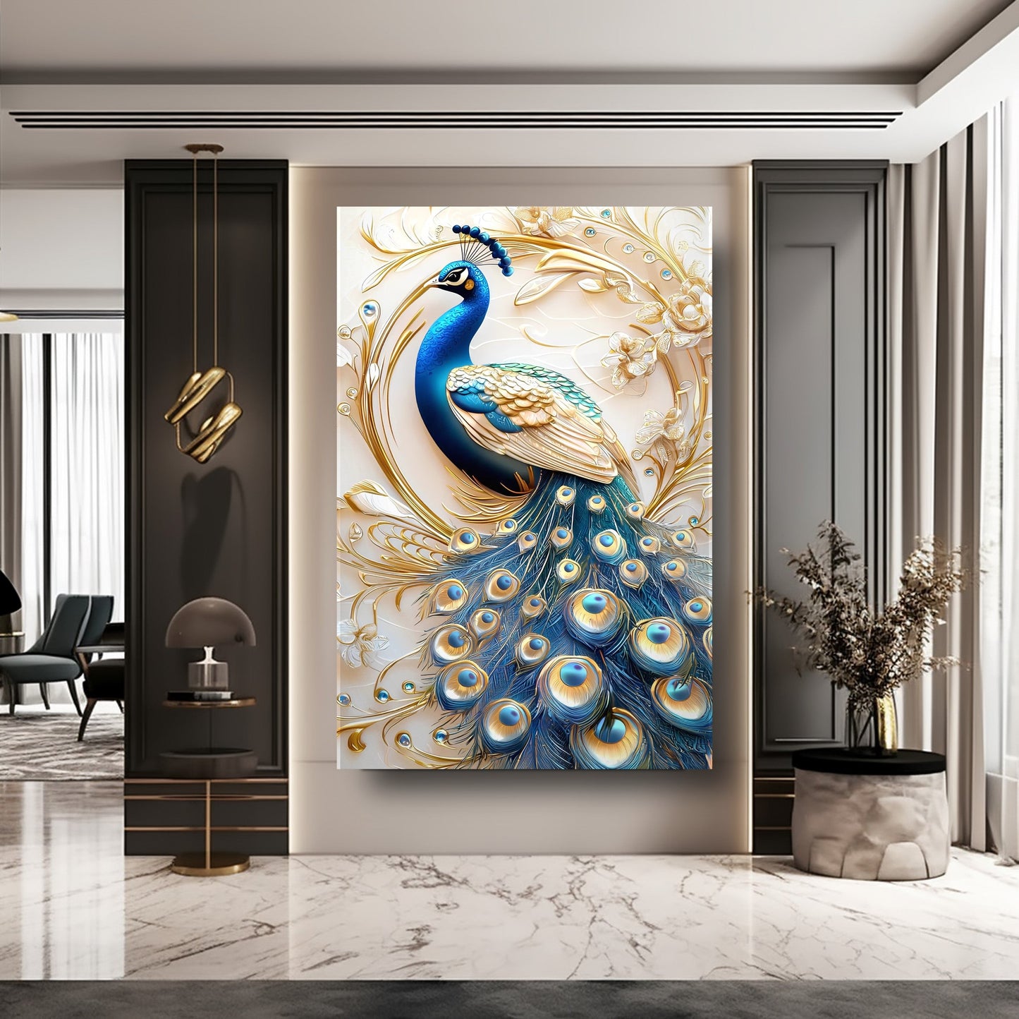 Mavi Gold Tavus Kuşu Cam Tablo