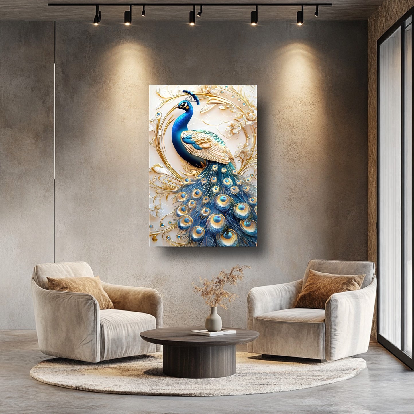 Mavi Gold Tavus Kuşu Cam Tablo