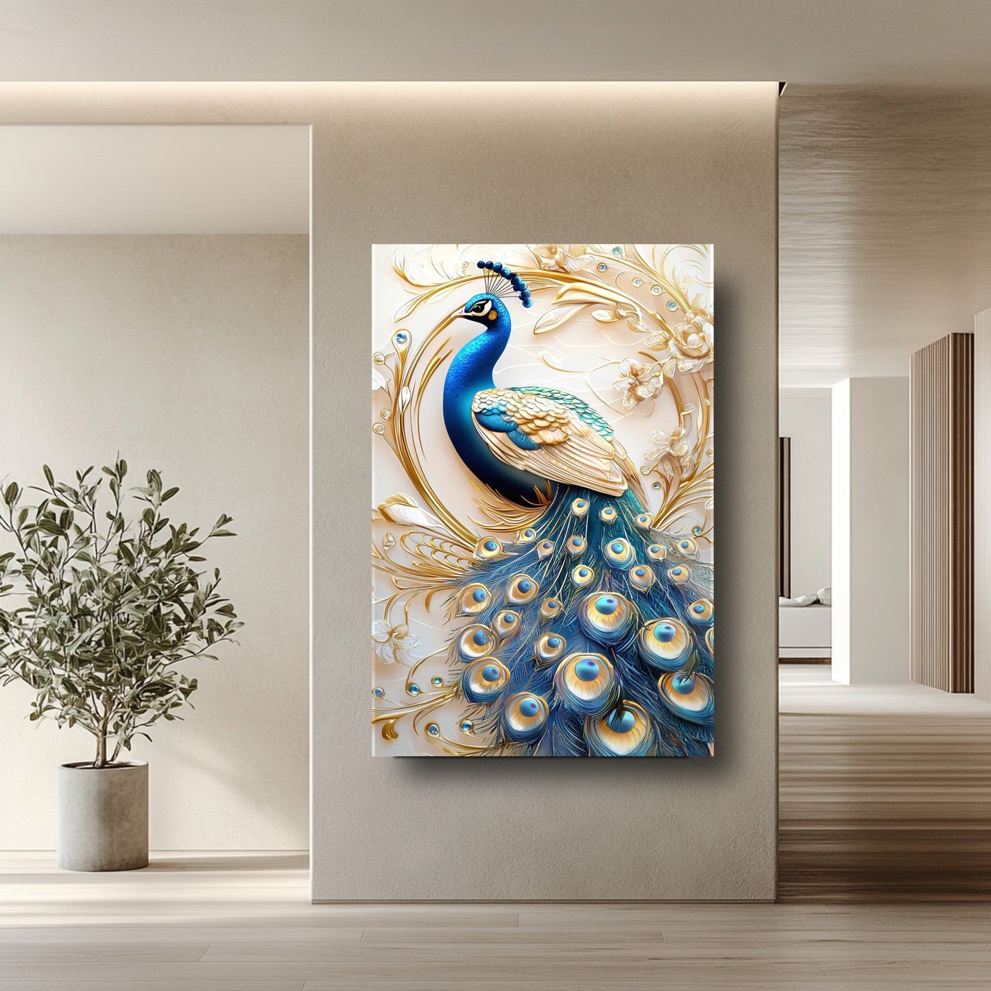 Mavi Gold Tavus Kuşu Cam Tablo