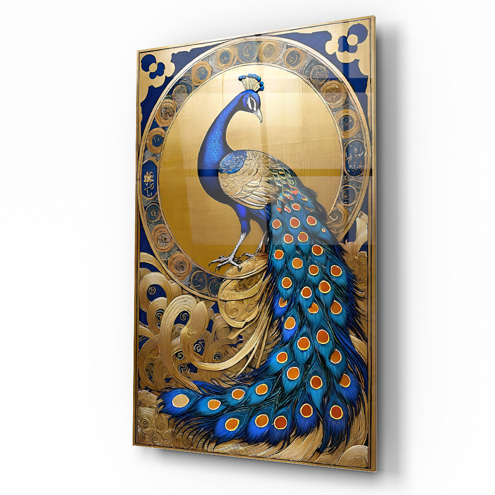 Mavi Gold Tavus Kuşu Cam Tablo