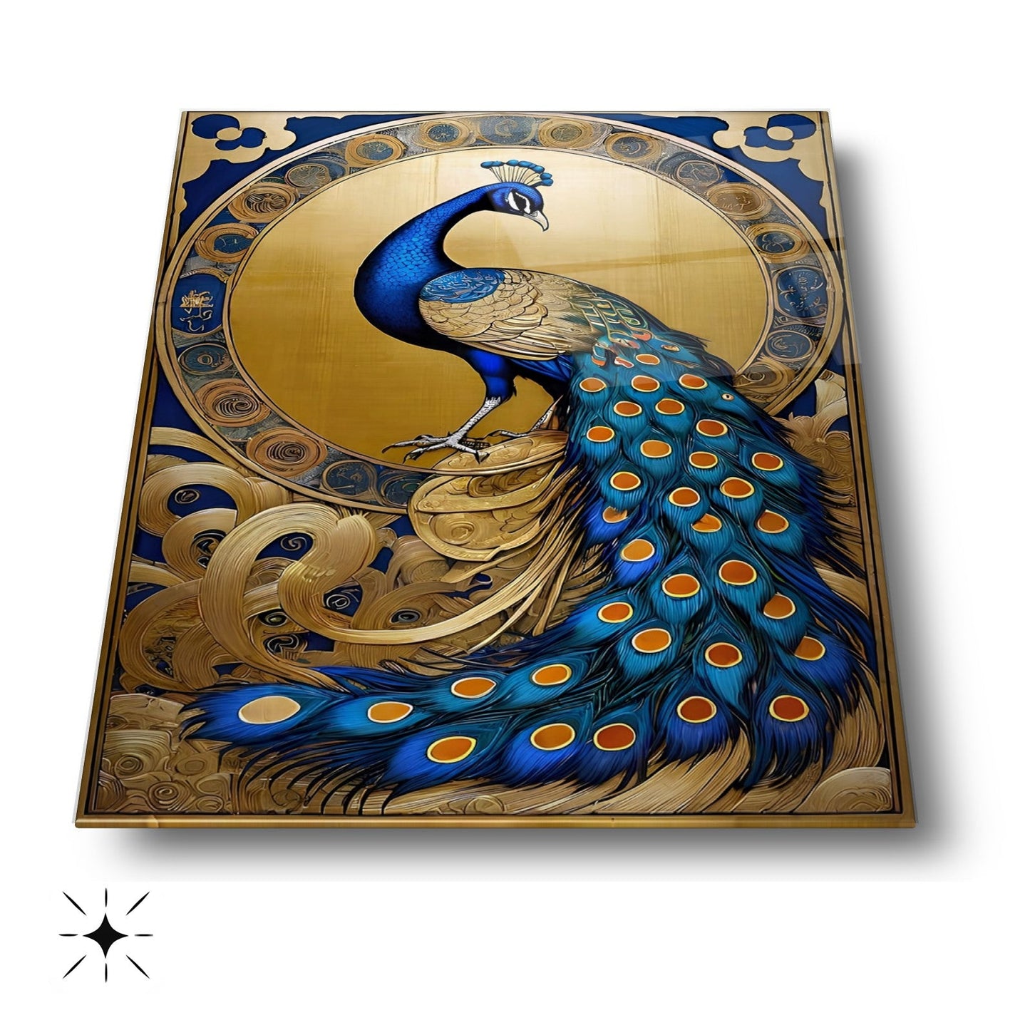 Mavi Gold Tavus Kuşu Cam Tablo