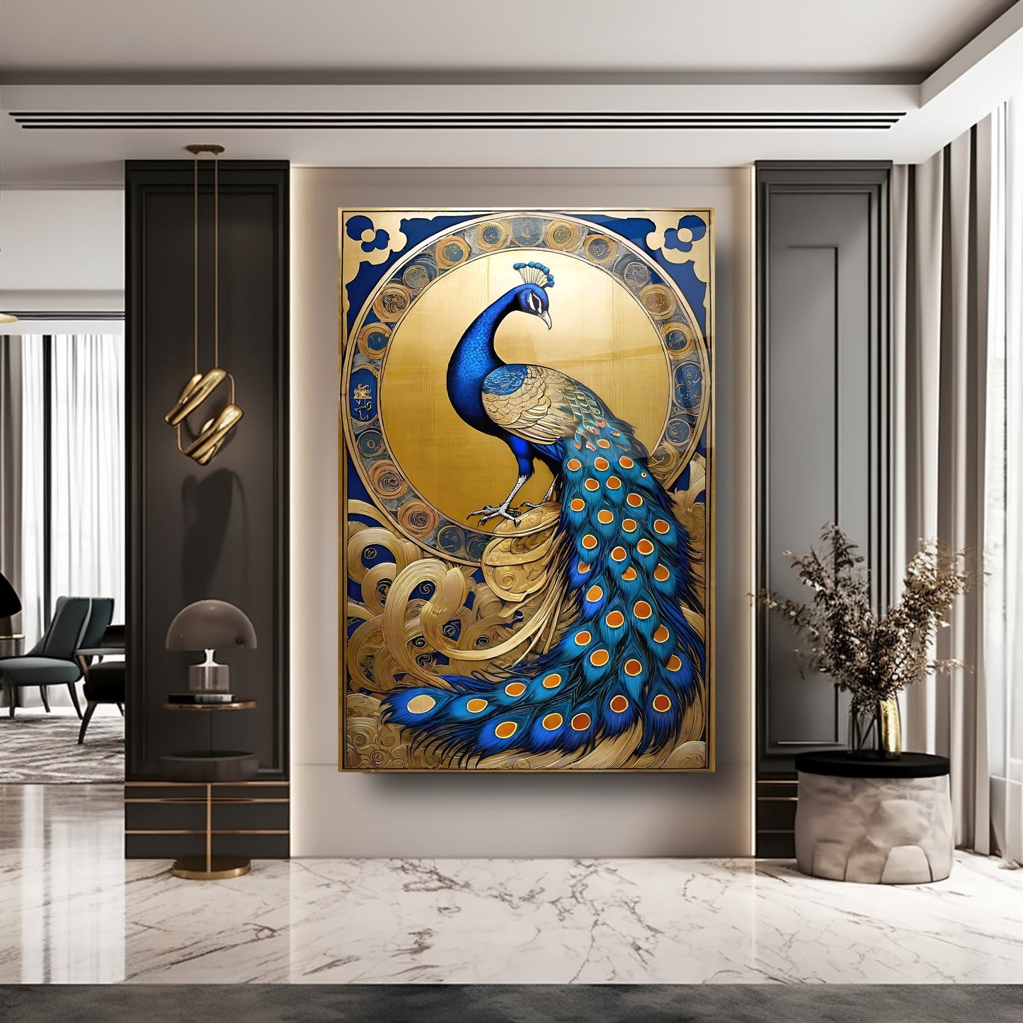 Mavi Gold Tavus Kuşu Cam Tablo