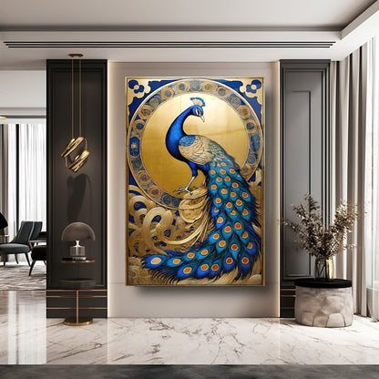 Mavi Gold Tavus Kuşu Cam Tablo