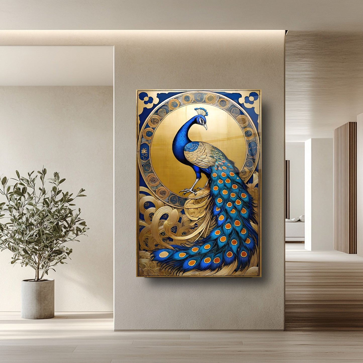 Mavi Gold Tavus Kuşu Cam Tablo