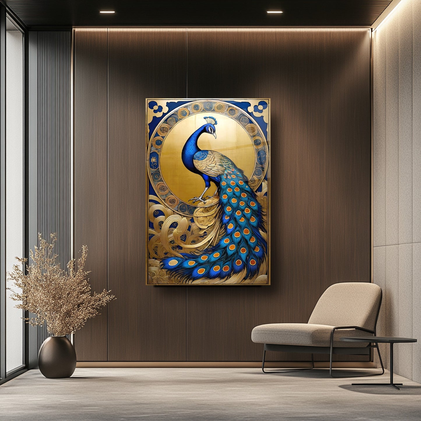 Mavi Gold Tavus Kuşu Cam Tablo