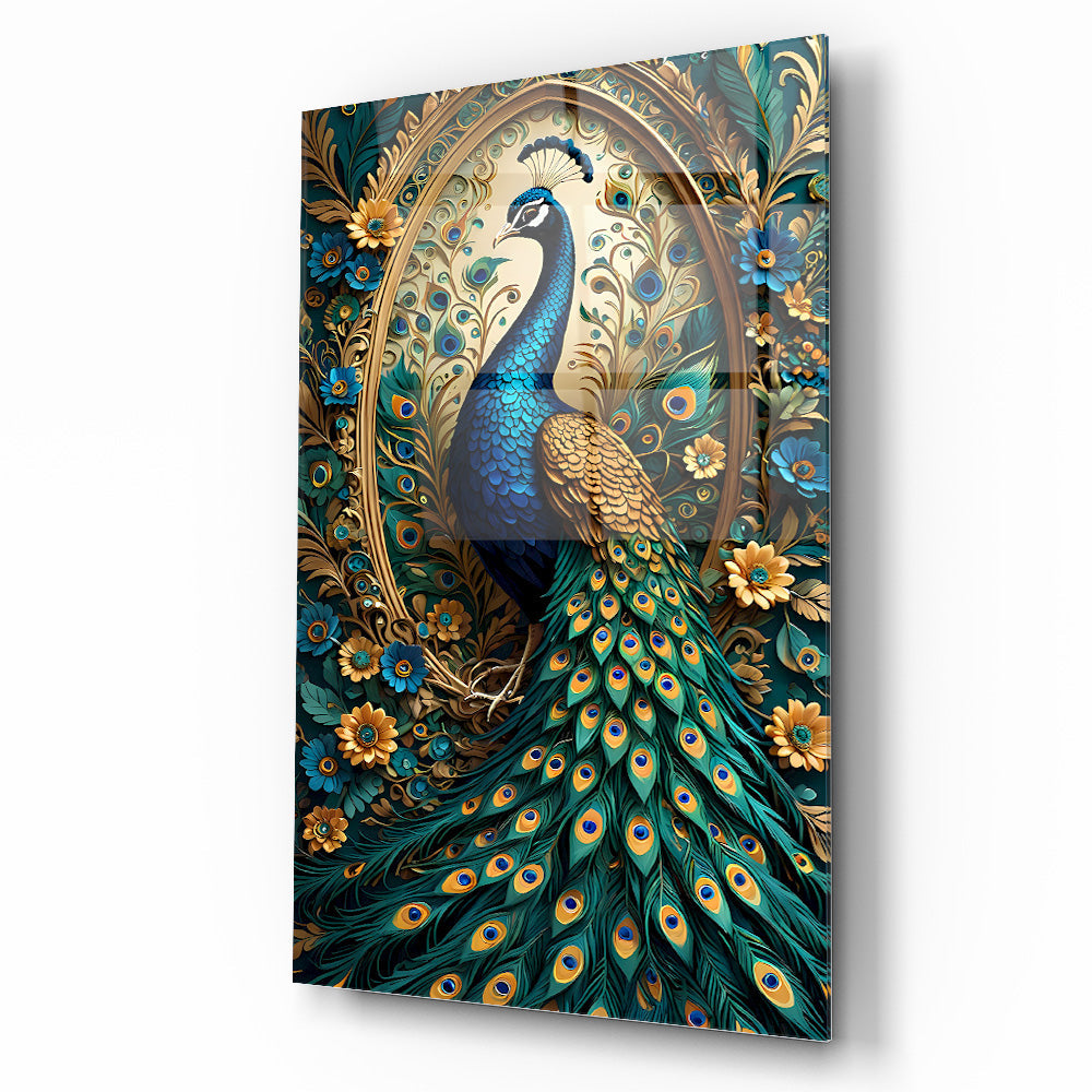 Yeşil Gold Tavus Kuşu Cam Tablo