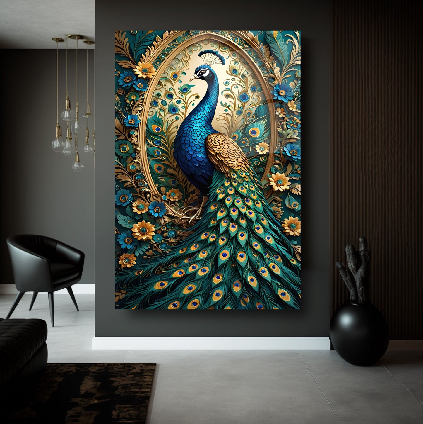 Yeşil Gold Tavus Kuşu Cam Tablo