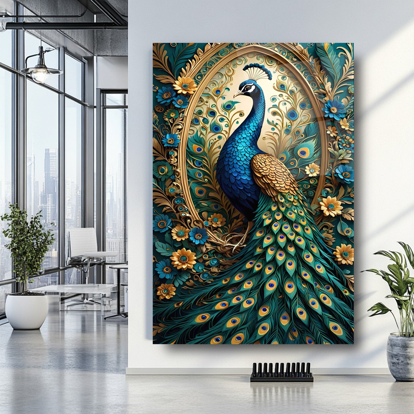 Yeşil Gold Tavus Kuşu Cam Tablo