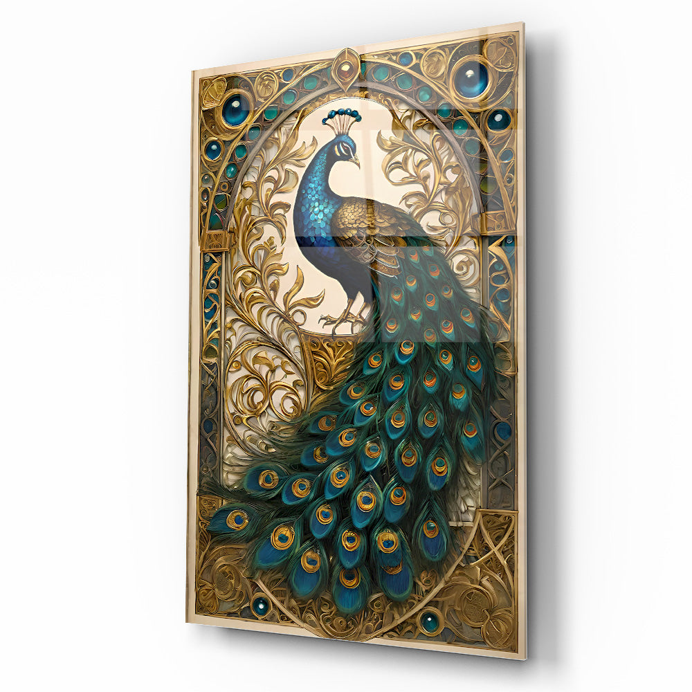 Gold Detaylı Yeşil Tavus Kuşu Cam Tablo