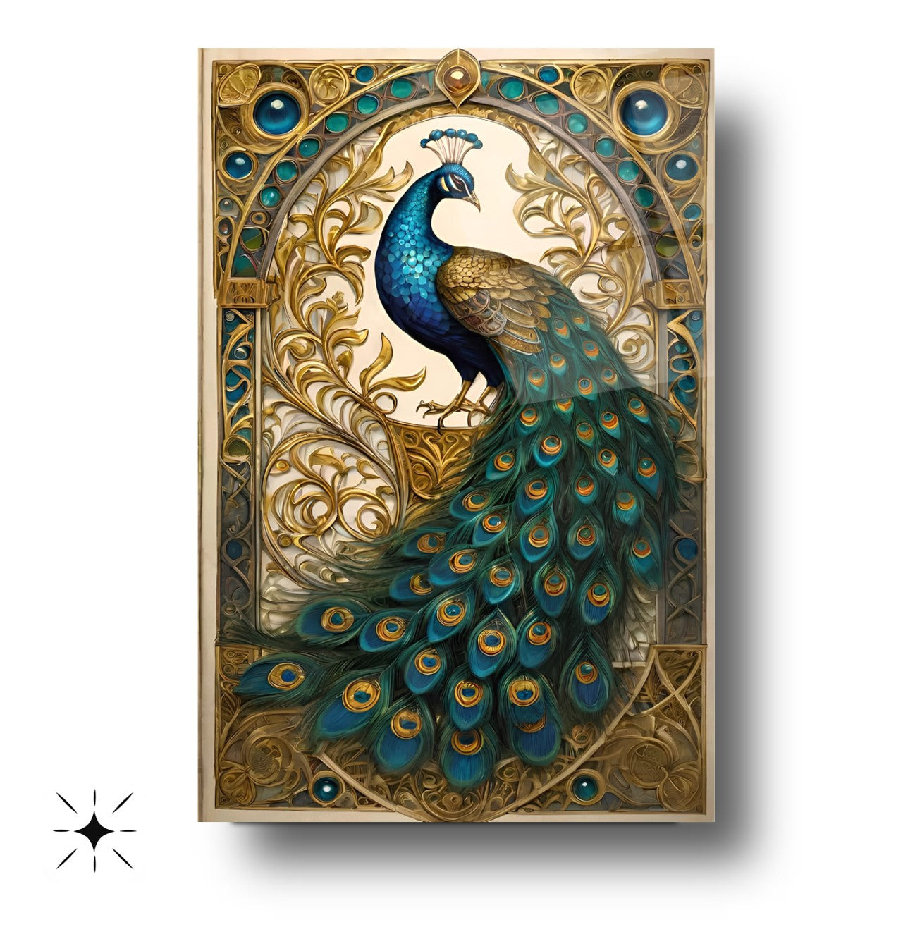 Gold Detaylı Yeşil Tavus Kuşu Cam Tablo